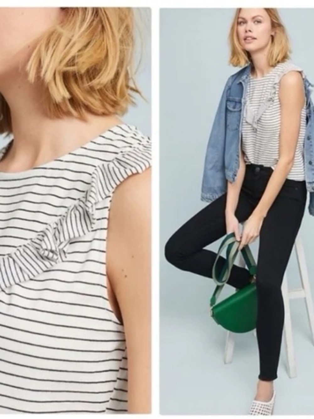 Anthropology Maeve White Tank Top with Black Stripes and Ruffle V-Neck